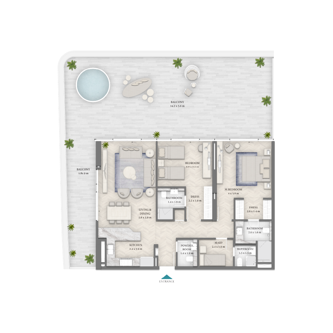 Beach Walk 4 By Imtiaz Architectural floor plan of a modern apartment featuring three bedrooms, living area, kitchen, balconies, and bathrooms.